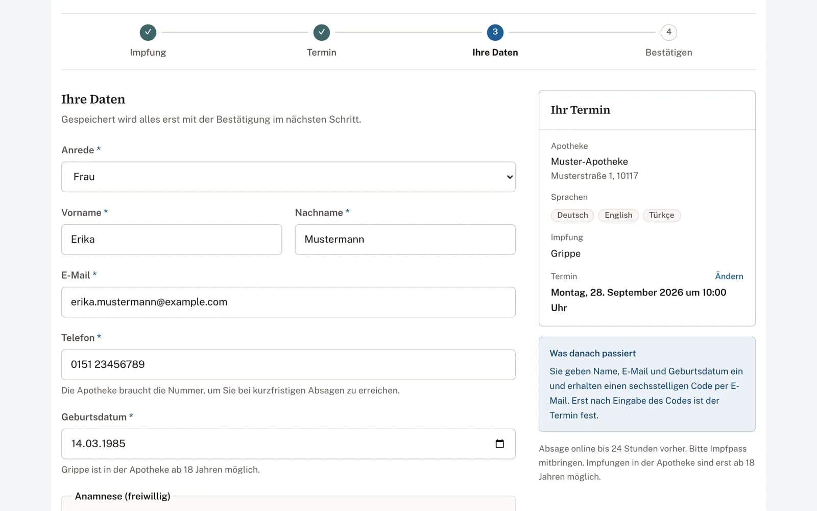 Das ausgefüllte Formular mit Anrede, Name, E-Mail-Adresse, Telefonnummer und Geburtsdatum. Daneben der gewählte Termin.