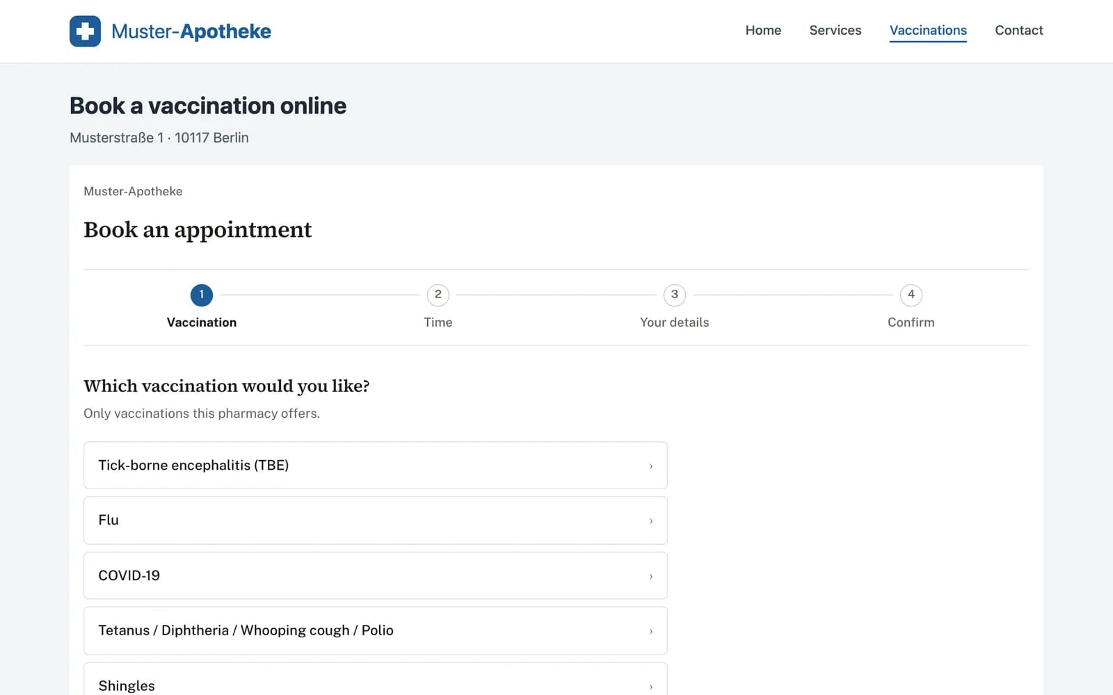 The Muster-Apotheke website with the embedded form, listing the vaccinations the pharmacy offers.