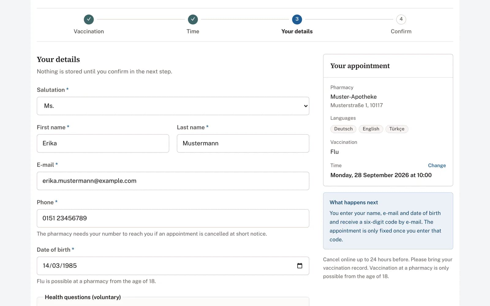 The completed form with salutation, name, email address, phone number and date of birth. The chosen appointment is shown beside it.