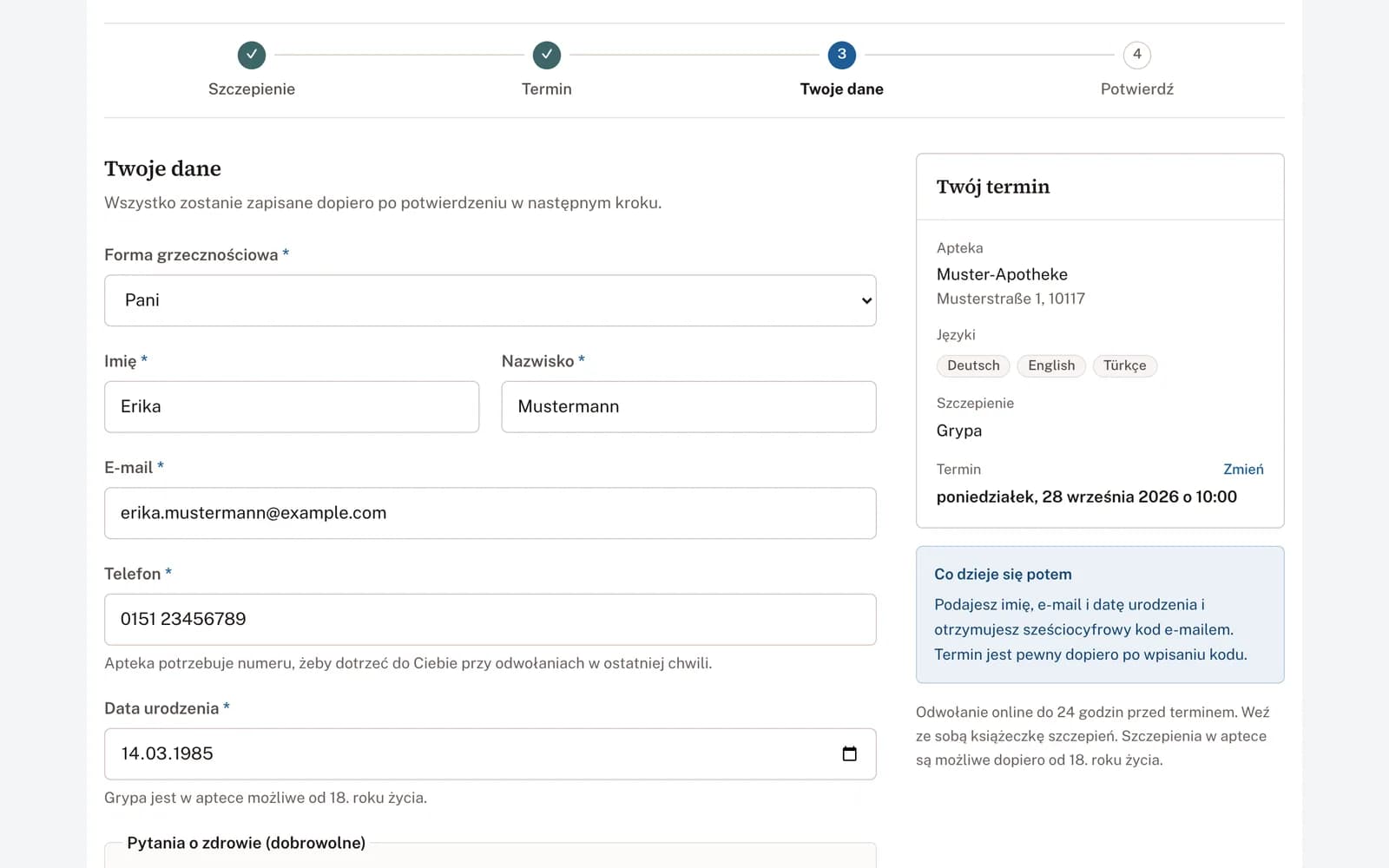 Wypełniony formularz z formą grzecznościową, imieniem i nazwiskiem, adresem e-mail, numerem telefonu i datą urodzenia. Obok wybrany termin.