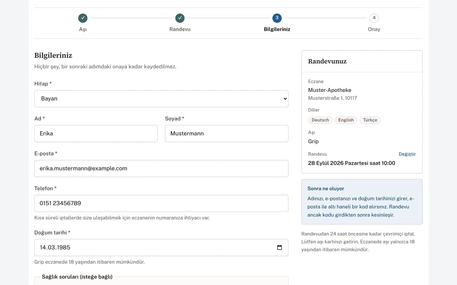 Hitap, ad, e-posta adresi, telefon numarası ve doğum tarihiyle doldurulmuş form. Yanında seçilen randevu.